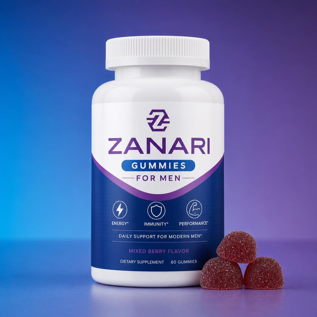 Bottle of Zanari Male Enhancement Gummies for men with berry gummies
